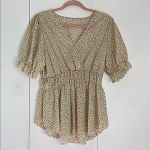 Puff Sleeve All Over Print Peplum Blouse